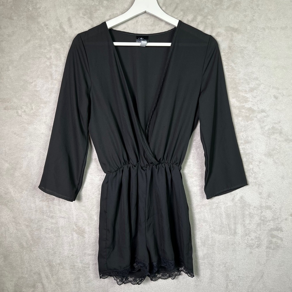 Lace Trim‎ Romper Plunging Neckline 3/4 Sleeves Draped Black Romantic Small